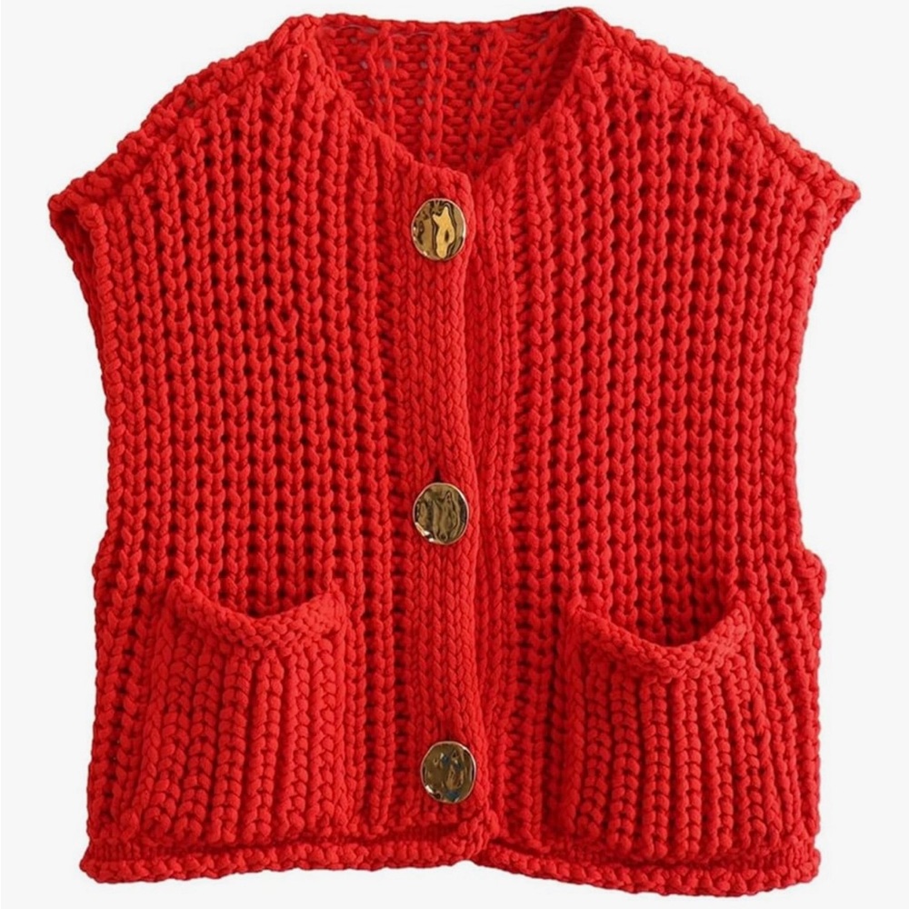 Red Knit Button-Up Vest - Picture 2 of 4